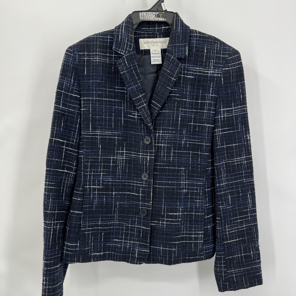 80s Y2K Blue‎ Plaid Jones New York 4P Cotton Blend Blazer Suit Jacket USA